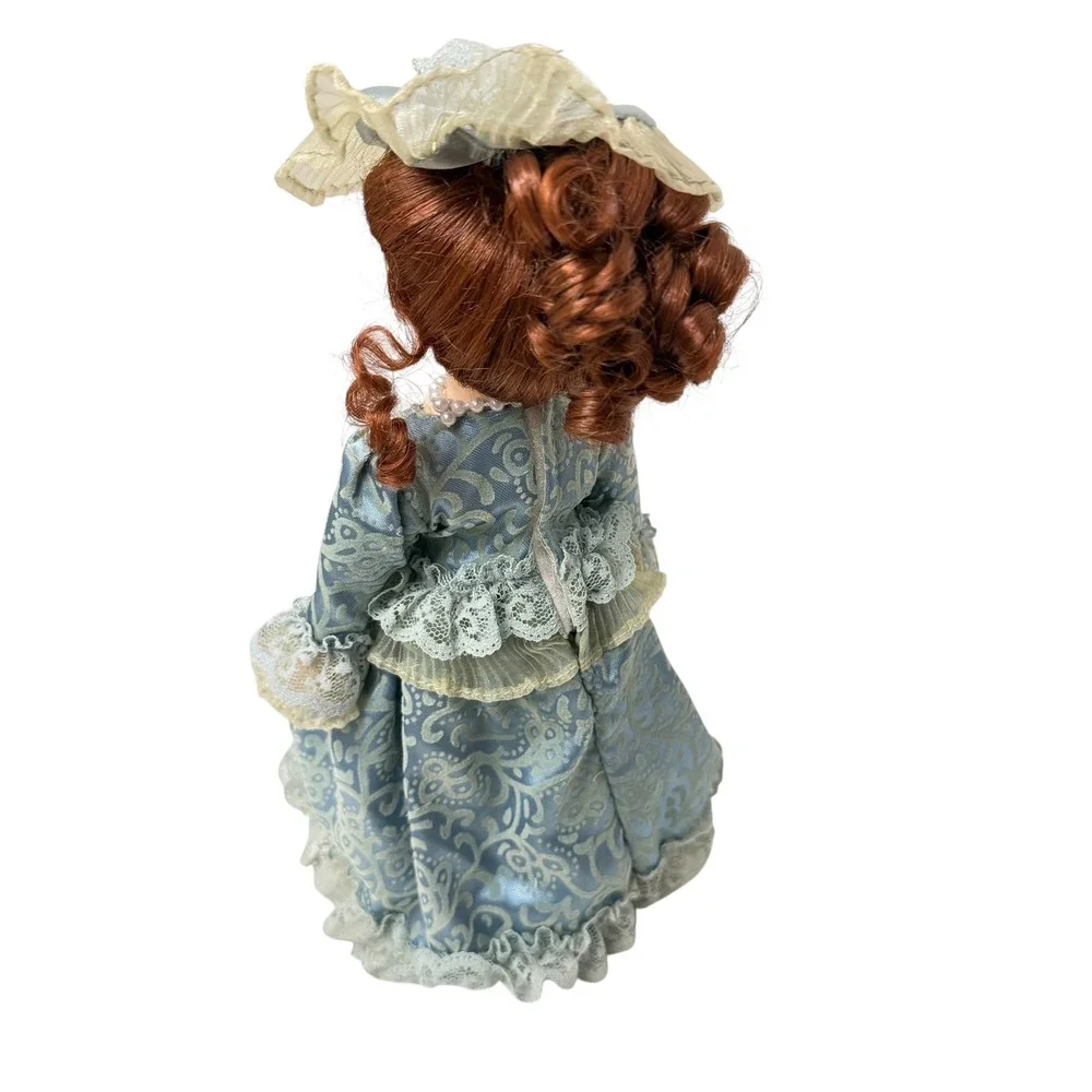 Victorian Porcelain Doll 12 Inch Blue Victorian Lace Gown Auburn Ringlets Hat
